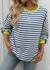 Striped Crew Neck Color Block Casual Sweatshirt
